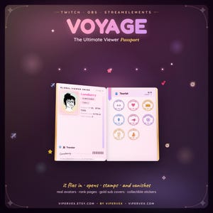 May include: A digital graphic featuring an open passport-style document titled VOYAGE The Ultimate Viewer Passport. The left page displays a user profile with an avatar, while the right page shows a grid of circular icons labeled with various categories.