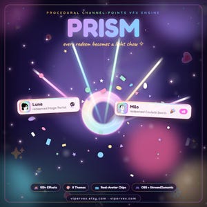 May include: A digital graphic for a procedural channel-points VFX engine titled PRISM. The design features a central glowing ring with radiating light beams, floating confetti, and two notification bars showing user redemptions for Magic Portal and Confetti Storm. The background is a dark purple gradient with scattered stars and sparkles.