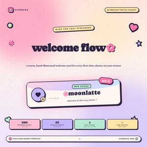 Pode incluir: Gráfico digital com fundo gradiente rosa, amarelo e roxo. O texto "welcome flow" está em letras roxas escuras com uma flor. O gráfico inclui um design de perfil de mídia social e outros elementos.