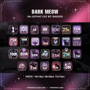 Può includere: Una collezione di 26 badge gotici a tema gatto in viola scuro e nero. Ogni badge presenta un gatto nero, numeri ed elementi gotici. Il testo "DARK MEOW" è in alto. Dimensioni: 18x18px, 36x36px, 72x72px.