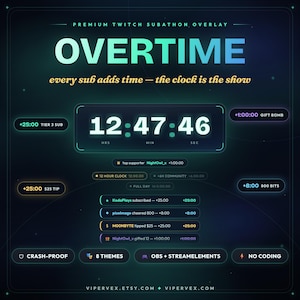 Subathon Timer Widget Twitch Stream Countdown Overlay Animated StreamElements OBS Marathon Sub Alerts Streamlabs