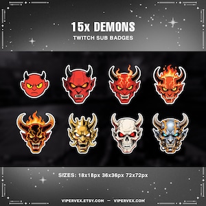 Op de afbeelding: Een verzameling van 15 Twitch sub-badges met een duivels thema. Elke badge toont een gestileerde duivelskop met hoorns, variërend in kleur van rood en oranje tot goud en blauw. De badges zijn beschikbaar in meerdere formaten.