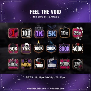 May include: A collection of 18 Emo Bit Badges with various designs and numbers, including a rose, a skull, and a raven. The text "FEEL THE VOID" is at the top. The badges are in a purple and black color scheme.