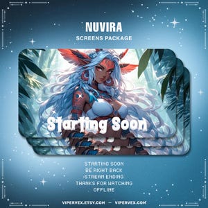 May include: A digital illustration of a woman with blue hair and a white top, set against a green leafy background. The text "Starting Soon" is displayed in a large font. The text "Starting Soon, Be Right Back, -Stream Ending, Thanks for Watching Offline" is displayed in a smaller font.