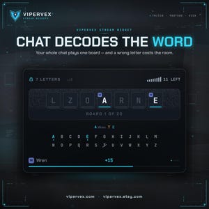 Könnte beinhalten: Eine digitale Stream-Widget-Oberfläche mit dem Titel CHAT DECODES THE WORD. Das dunkel gestaltete Display zeigt ein Worträtsel mit sieben Buchstaben L, Z, O, A, R, N, E, ein Alphabet-Auswahlraster, einen Zähler und den Namen Wren.