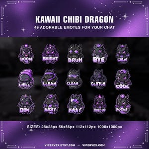 Chibi Kawaii Dragon Twitch Emotes - Lila Emoji för streamers och chattreaktioner