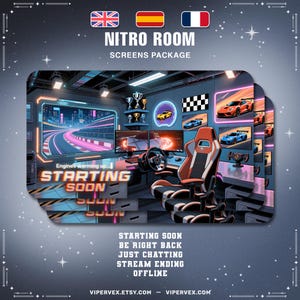 Peut inclure: Un ensemble d'écrans d'art numérique pour une configuration de jeu, sur le thème de la course automobile. L'image comprend un siège de course, un volant et plusieurs écrans affichant des voitures de course et un circuit. Le texte comprend "NITRO ROOM" et "STARTING SOON".