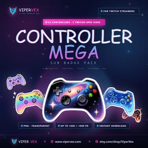 Op de afbeelding: Een digitale afbeelding met de tekst "CONTROLLER MEGA SUB BADGE PACK" en controller illustraties. Het ontwerp bevat de tekst "23 CONTROLLERS - 3 TWITCH-SPEC SIZES" en "FOR TWITCH STREAMERS". De achtergrond is een paars-blauwe gradiënt.
