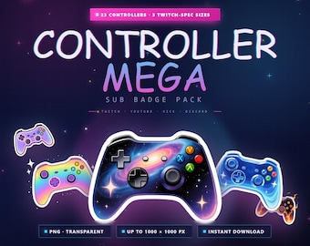 May include: A digital graphic featuring the text "CONTROLLER MEGA SUB BADGE PACK" with controller illustrations. The design includes the text "23 CONTROLLERS - 3 TWITCH-SPEC SIZES" and "FOR TWITCH STREAMERS". The background is a gradient of purple and blue.