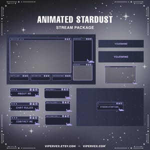 Paquete de transmisión de Twitch, superposición, paquete de transmisión, estética Lofi, pantallas de Twitch, alertas, paneles, banners y superposición de cámara web de Purple Celestial