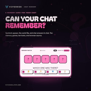 Może przedstawiać: Cyfrowy interfejs gry pamięciowej zatytułowany Vipervex Chat Memory z tekstem Can Your Chat Remember? Ekran wyświetla pięć różowych kart ze znakami zapytania, pytanie Which One Was There? oraz cztery opcje wyboru odpowiedzi.