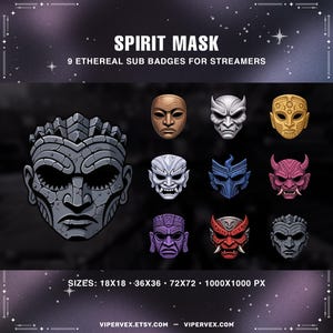 May include: An image showcasing nine spirit mask designs in diverse colours, such as gold, silver, blue, and red. The text "SPIRIT MASK" and "9 ETHEREAL SUB BADGES FOR STREAMERS" are displayed at the top. The image also includes size specifications.