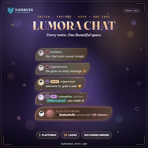 May include: A digital overlay for live streaming titled Lumora Chat by Vipervex. The interface features a dark purple gradient background with glowing chat bubbles displaying usernames, profile icons, and messages from Twitch, YouTube, and Kick.