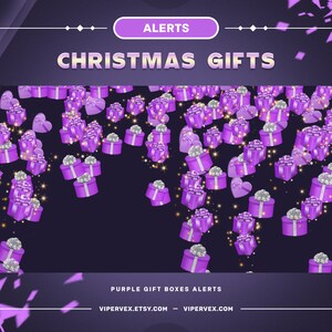 May include: Purple gift boxes with white bows and glitter falling from the top of the image. The text "Christmas Gifts" is at the top of the image. The text "Purple Gift Boxes Alerts" is at the bottom of the image. The text "vipervex.etsy.com - vipervex.com" is at the bottom of the image.