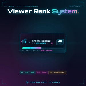 Könnte beinhalten: Digitalgrafik mit dem Text "Viewer Rank System". Das Design zeigt eine Benutzeroberfläche mit Profil, Rang und Level. Das Farbschema umfasst Blau-, Lila- und Türkistöne mit futuristischem Design.