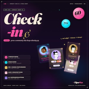 Puede incluir: Gráfico digital con las palabras "Check-in" en texto grande. La imagen promociona un widget comunitario con temas premium, un sistema de rachas y recompensas de puntos de canal. Incluye tarjetas de perfil de usuario.