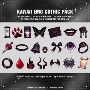 Emo gothic kawaii twitch reward icons designed for channel points systems, viewer interaction and alternative streaming communities.