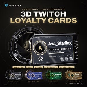 Op de afbeelding: Een digitale 3D Twitch loyaliteitskaart overlay met de tekst Ava_Starling, Portal Seeker, Level 32 en diverse statistieken. Het ontwerp bevat een cirkelvormig mechanisch element en vier kleurvariaties: Graphite Vault, Celestial Relic, Neon Circuit en Arcane Repository.