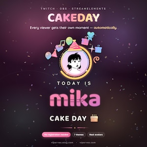 May include: A digital graphic for Twitch featuring the text CAKEDAY, Every viewer gets their own moment — automatically, TODAY IS mika CAKE DAY. A central circular frame contains a cartoon avatar wearing a party hat, surrounded by floating icons.