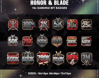 Insignias de Twitch de Samurai: Paquete de insignias de guerrero japonés, conjunto de iconos oscuros para juegos