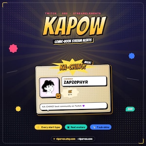 Może przedstawiać: Cyfrowa grafika do powiadomień o transmisjach na Twitchu w stylu komiksowym. Główne okno powiadomień zawiera tekst KA-CHING! MEGA!, awatar użytkownika, nazwę ZAPZEPHYR, 5K BITS oraz wiadomość KA-CHING!! best community on Twitch.
