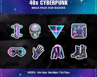 Insignias de suscripción de Cyberpunk para Twitch: 40 íconos neón de pixel art (descarga digital)