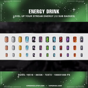 Gaming themed energy drink Twitch sub badges collection including 12 tier designs with bold neon colors and clean outlines perfect for esports and FPS streamers.