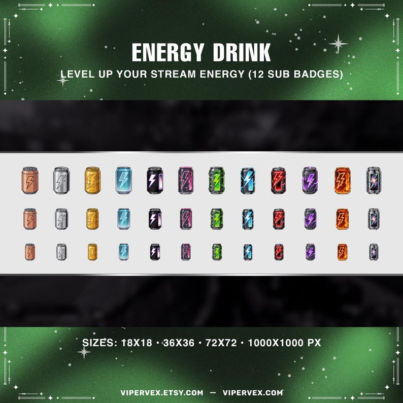 Gaming themed energy drink Twitch sub badges collection including 12 tier designs with bold neon colors and clean outlines perfect for esports and FPS streamers.