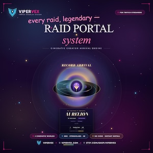 Könnte beinhalten: Digitalgrafik für Twitch-Streamer mit dem Text "RAID PORTAL system" in Pink und Weiß. Das Design umfasst einen kosmischen Hintergrund mit einem zentralen kreisförmigen Element und dem Namen "AURELION". Zusätzlicher Text beinhaltet "4 Cinematic Worlds" und "Instant Install".