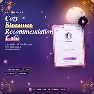 Peut inclure: Graphique numérique promotionnelle pour un "Cozy Streamer Recommendation Café" avec un thème rose et violet. Le design comprend un bloc-notes numérique avec une photo de profil et du texte, ainsi qu'un bouton "Brew of the Day". L'arrière-plan est un dégradé de violet et de bleu.
