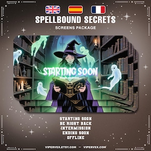Puede incluir: Ilustración digital de una bruja con sombrero negro leyendo un libro de hechizos, con el texto "STARTING SOON". La imagen tiene un fondo de biblioteca con fantasmas y las palabras "SPELLBOUND SECRETS" y "SCREENS PACKAGE".