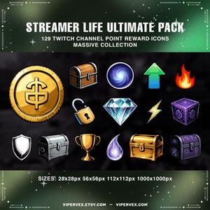 Puede incluir: Una colección de 129 iconos de recompensas de puntos de canal de Twitch. La imagen presenta una moneda de oro, cofres del tesoro, un diamante, un rayo y otros iconos. El texto de la imagen dice "STREAMER LIFE ULTIMATE PACK" y "MASSIVE COLLECTION."