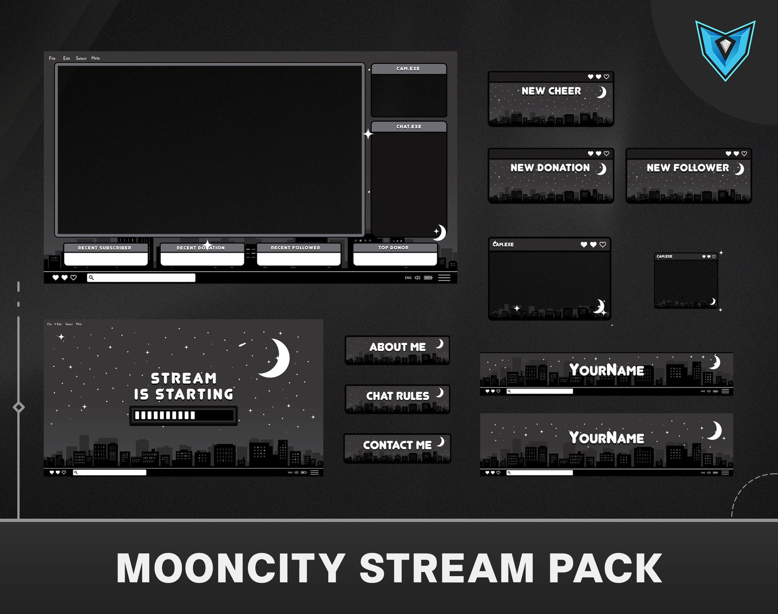 Animated Dark Stream Overlay Moon, Twitch Overlay Package, Black