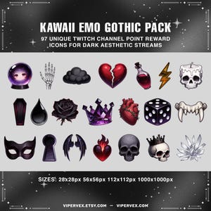 97 emo gothic kawaii twitch icons created with the help of AI and professionally refined for clear readability at small sizes.