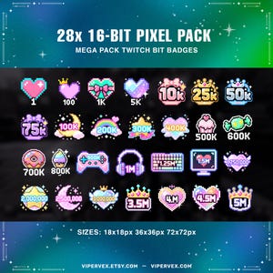 Puede incluir: Un conjunto de 28 insignias de bits de Twitch pixeladas, con corazones, coronas y otros iconos. Las insignias están disponibles en tamaños de 18x18px a 72x72px. El texto de la imagen dice "28x 16-BIT PIXEL PACK".