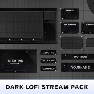Pacote de transmissão de sobreposição de Twitch Dark Lofi, sobreposição de Twitch em preto e branco, brilhos de sobreposição de Twitch, banners, alertas, telas de Twitch
