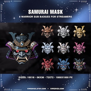 May include: A collection of nine stylized samurai mask designs in various colors, including red, blue, gold, and silver. The text "SAMURAI MASK" and "9 WARRIOR SUB BADGES FOR STREAMERS" are displayed at the top. The image also lists the sizes available.