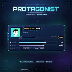 Op de afbeelding: Een digitaal personagescherm-overlay voor Twitch, OBS en StreamElements met de titel PROTAGONIST. Het bevat een donkerblauwe interface met een avatar, spelers-ID VVX-3049-E, een ervaringsbalk, niveau 12 en statusbalken voor loyaliteit, charisma, ondersteuning en aanwezigheid.