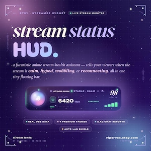 Può includere: Grafica digitale con un tema spaziale viola e blu. Il testo recita "stream status HUD" e descrive un assistente per la salute dello streaming. La grafica mostra una barra fluttuante con dati, tra cui bitrate e salute, e presenta informazioni aggiuntive.