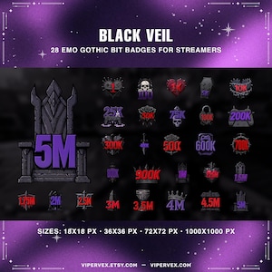Puede incluir: Gráfico digital con 28 insignias Emo Gothic para streamers. Las insignias presentan diseños góticos como calaveras y corazones, y números. El texto incluye "BLACK VEIL" y detalles de tamaño. El diseño general es oscuro con acentos púrpuras.