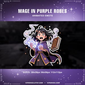 May include: An animated emote of a mage in purple robes, with black hair and wide eyes, conjuring blue energy. The mage is holding a glowing orb, with a spell book nearby. The text "MAGE IN PURPLE ROBES" and "ANIMATED EMOTE" are at the top.