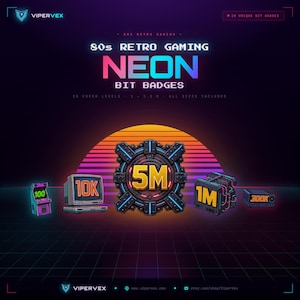 Puede incluir: Un anuncio de insignias de bits de neón de juegos retro de los 80. La imagen presenta un diseño retro de puesta de sol con el texto "NEON BIT BADGES" en colores brillantes. Se muestran varias insignias con números como 100, 10K, 5M, 1M y 300K.