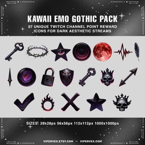 Goth kawaii twitch icon pack designed for streamers vtubers discord and dark aesthetic gaming communities.