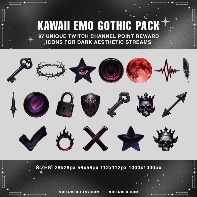 Goth kawaii twitch icon pack designed for streamers vtubers discord and dark aesthetic gaming communities.