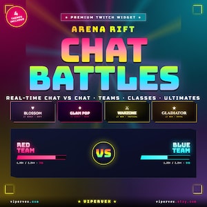 May include: A digital graphic for a Twitch widget, featuring the text "ARENA RIFT CHAT BATTLES" in vibrant colors. The design includes team score bars, theme options, and the text "REAL-TIME CHAT VS CHAT". The graphic has a dark background with neon accents.