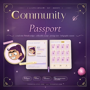 Pode incluir: Gráfico roxo com as palavras "Community Passport" em ouro. A imagem inclui um avatar de desenho animado, um design de passaporte e uma coleção de selos. O texto na imagem inclui "widget Twitch em tempo real" e "selos colecionáveis".