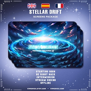 以下が含まれることがあります： 宇宙をテーマにしたスクリーンパッケージ。メイン画像は、「STARTING SOON」の文字が入った、渦巻く青と白の銀河です。「STELLAR DRIFT」や様々なストリームステータスのオプションも含まれています。背景は星が散りばめられた濃い青色です。