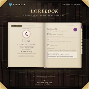 LOREBOOK Twitch Chat Widget, Animated Viewer Book Stream Overlay, Community Archive with Chat Commands