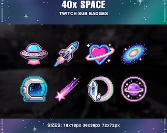 May include: A collection of 40 pixel art space-themed Twitch sub badges. The badges include a UFO, rocket, heart, galaxy, astronaut helmet, shooting star, crystal, and planet. The image also includes the text "40x SPACE TWITCH SUB BADGES".
