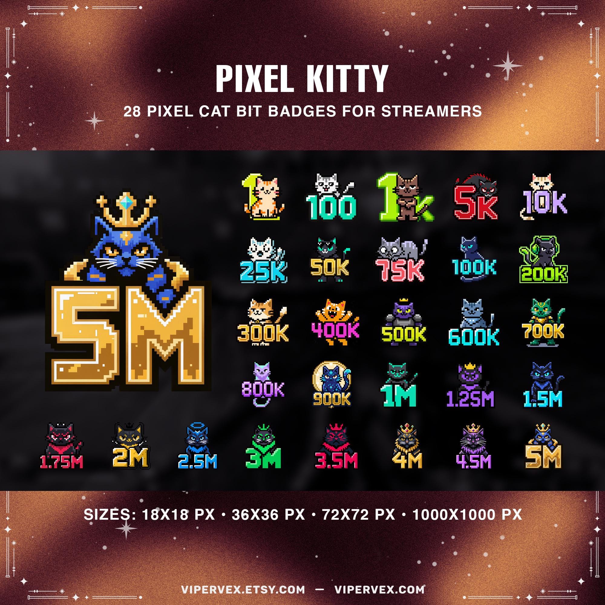 Pixel Art Cat Twitch Bit Badges Pack 28 Gaming Badge Icons Set Digital ...